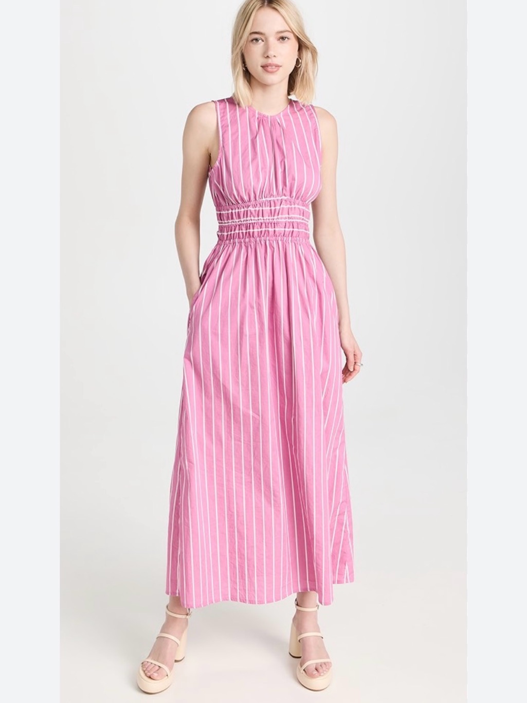 Faithfull Jean Pink & White Striped Sleeveless Long Midi Dress